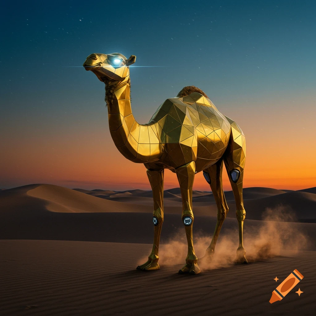 A gold, faceted robot camel with glowing eyes stands in a desert at sunset, kicking up dust.