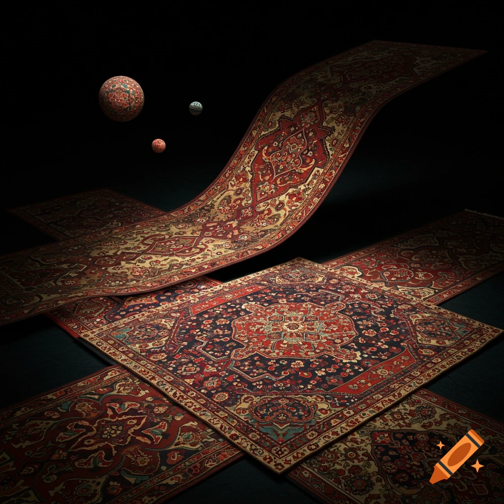 Ornate traditional carpets with red and blue patterns, some curving, and patterned spheres on a dark background.