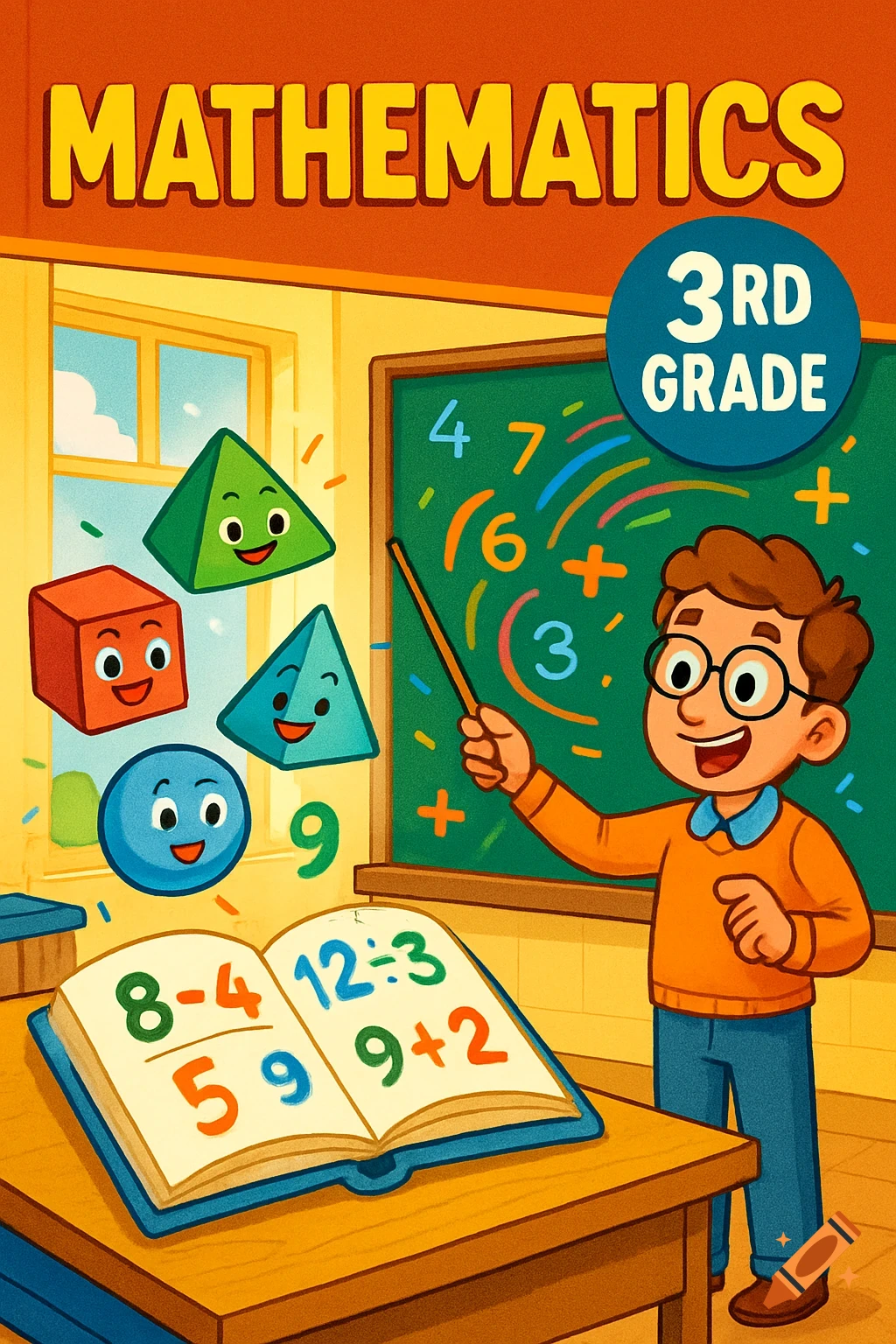 Cartoon classroom scene with a teacher, floating shapes, blackboard with numbers, and an open math textbook.