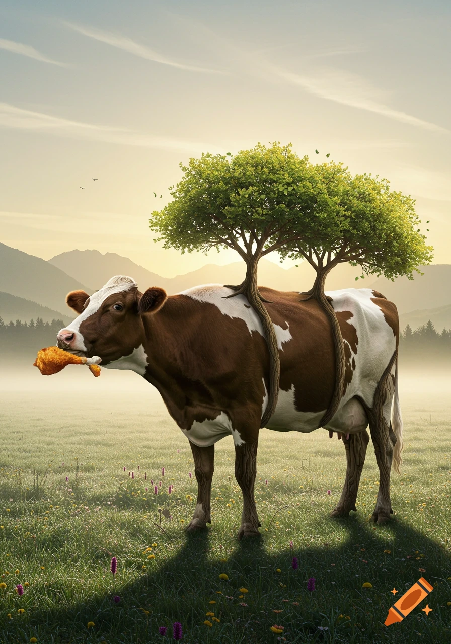 A photorealistic brown and white cow with two trees growing from its back stands in a misty field, eating a fried chicken drumstick.