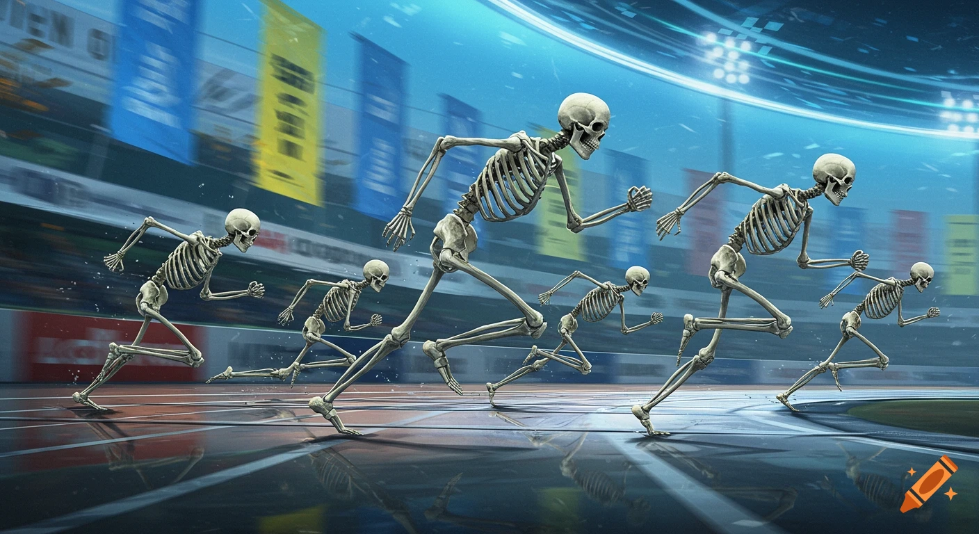 Eight skeletons run a race on a glossy track in a brightly lit stadium, with blurred banners in the background.