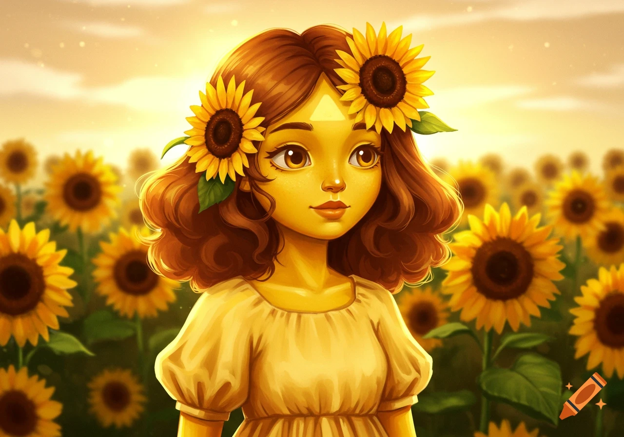Illustrative cartoon girl with yellow skin, brown hair, triangle nose, sunflowers in hair, and yellow dress, in a sunflower field.