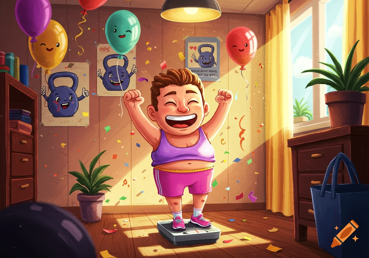 A happy cartoon person celebrates weight loss, standing on a scale amidst confetti and balloons in a brightly lit room.