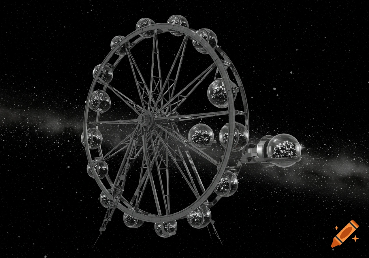 Futuristic Ferris wheel robot in space, transparent capsules filled with asteroid dust, photorealistic sci-fi style.