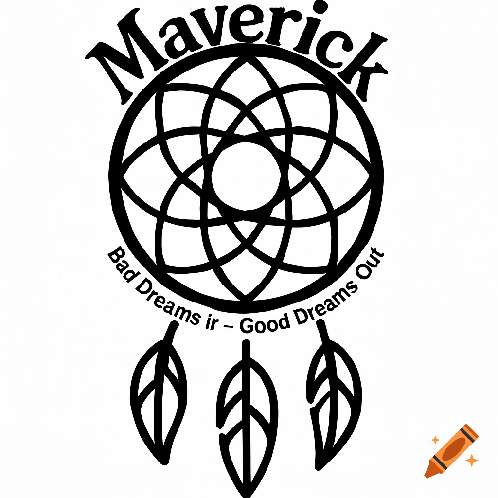 A black and white minimalist dreamcatcher design with the word 'Maverick' above and 'Bad Dreams ir - Good Dreams Out' below.