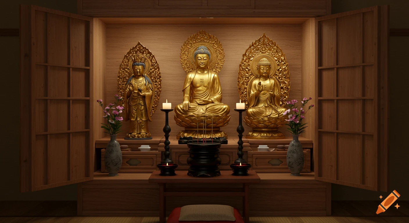 Photorealistic Buddhist altar in a Japanese butsudan, featuring golden Buddha and Bodhisattva statues, lit candles, incense, and flowers.