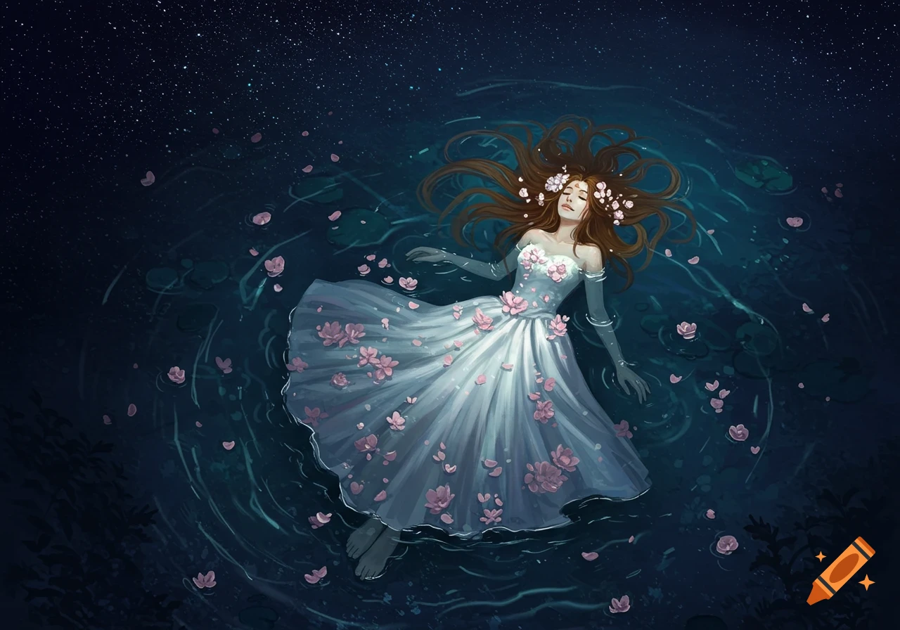 Digital painting of a woman in a white flower dress floating serenely in dark water under a starry night sky.