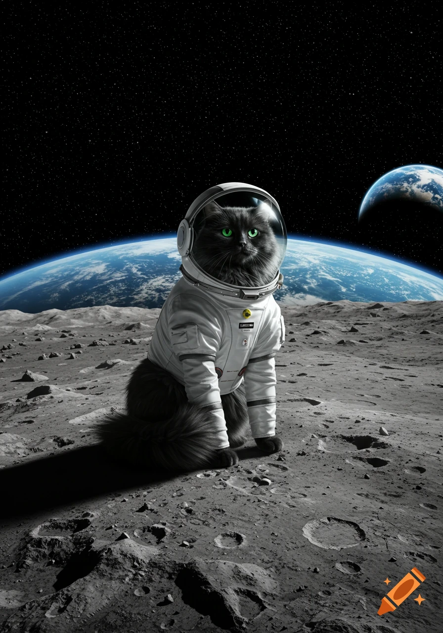 A fluffy black cat in a white astronaut suit sits on the lunar surface with Earth and stars in the background, photorealistic style.