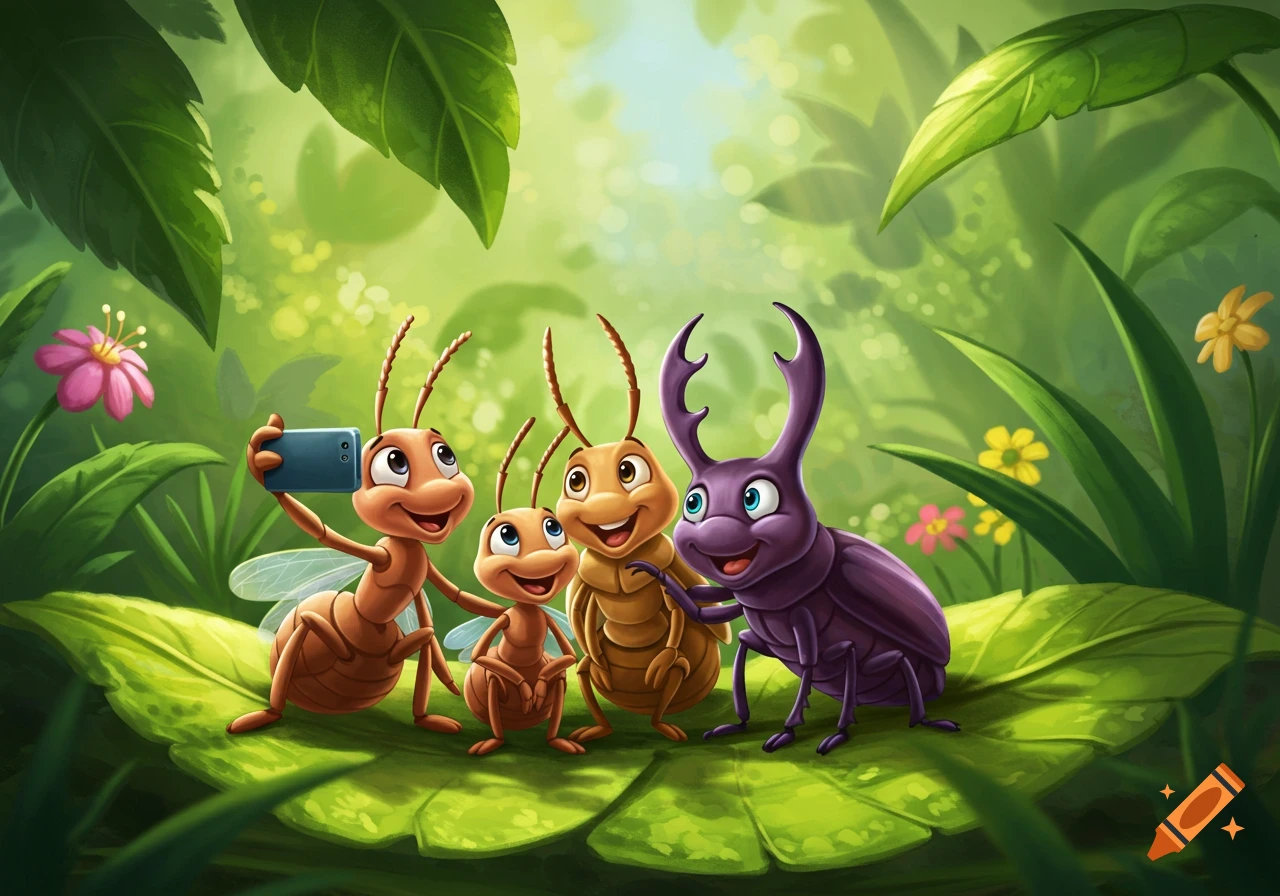 Cartoon ants and beetles on a leaf, one ant taking a selfie, in a lush green forest.