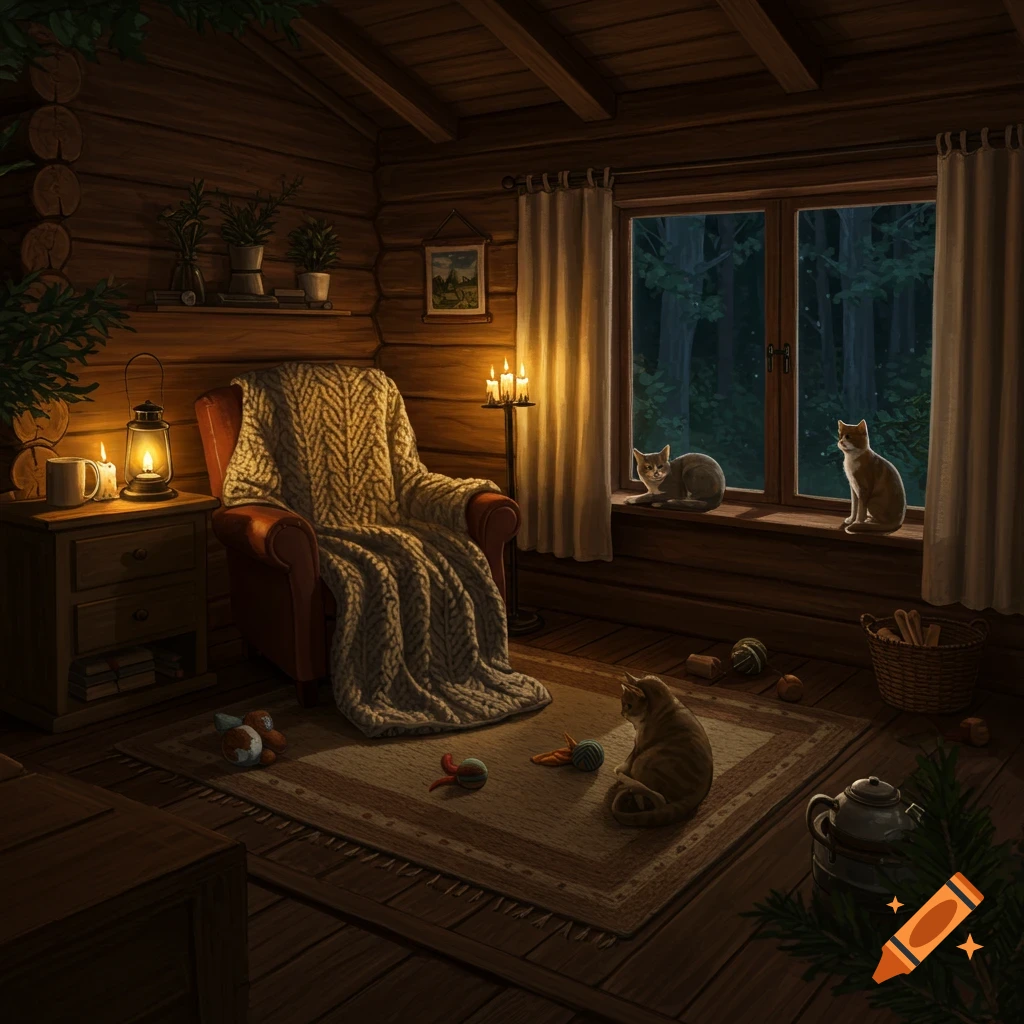 A cozy, candlelit cabin interior at night with three cats, one on a rug and two on a window sill overlooking a dark forest.