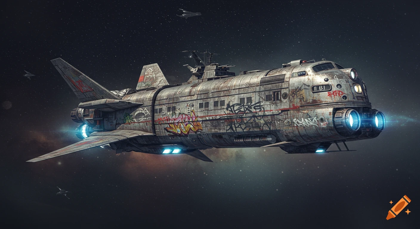 A weathered, graffiti-covered spaceship, built like a 1950s locomotive with angular wings and glowing rocket engines, drifts in deep space.