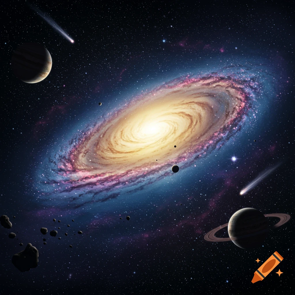 A vibrant spiral galaxy with a bright core and blue-pink arms, surrounded by planets, comets, and asteroids in a starry universe.