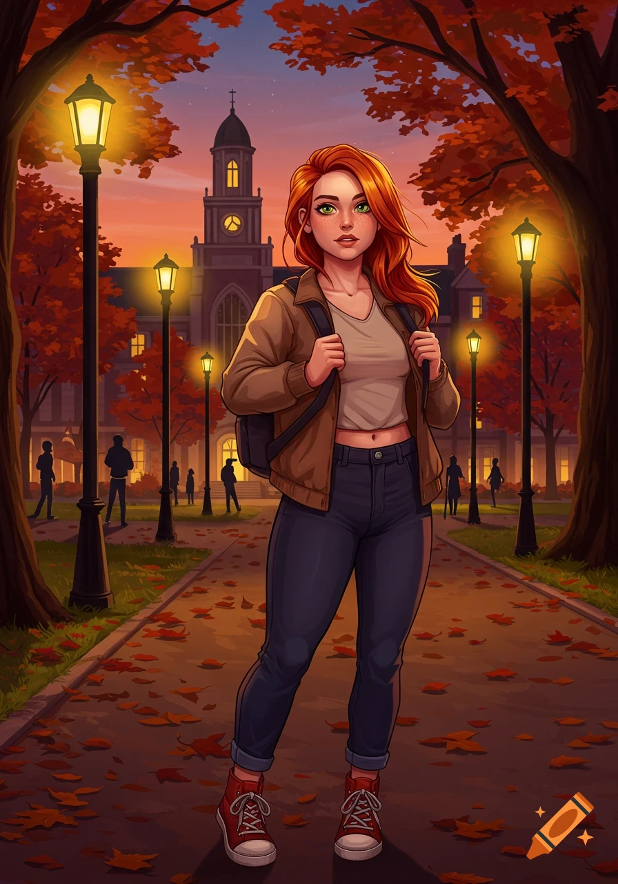 An illustrated red-haired college girl with a backpack stands on a fall campus path at sunset, clock tower in background.