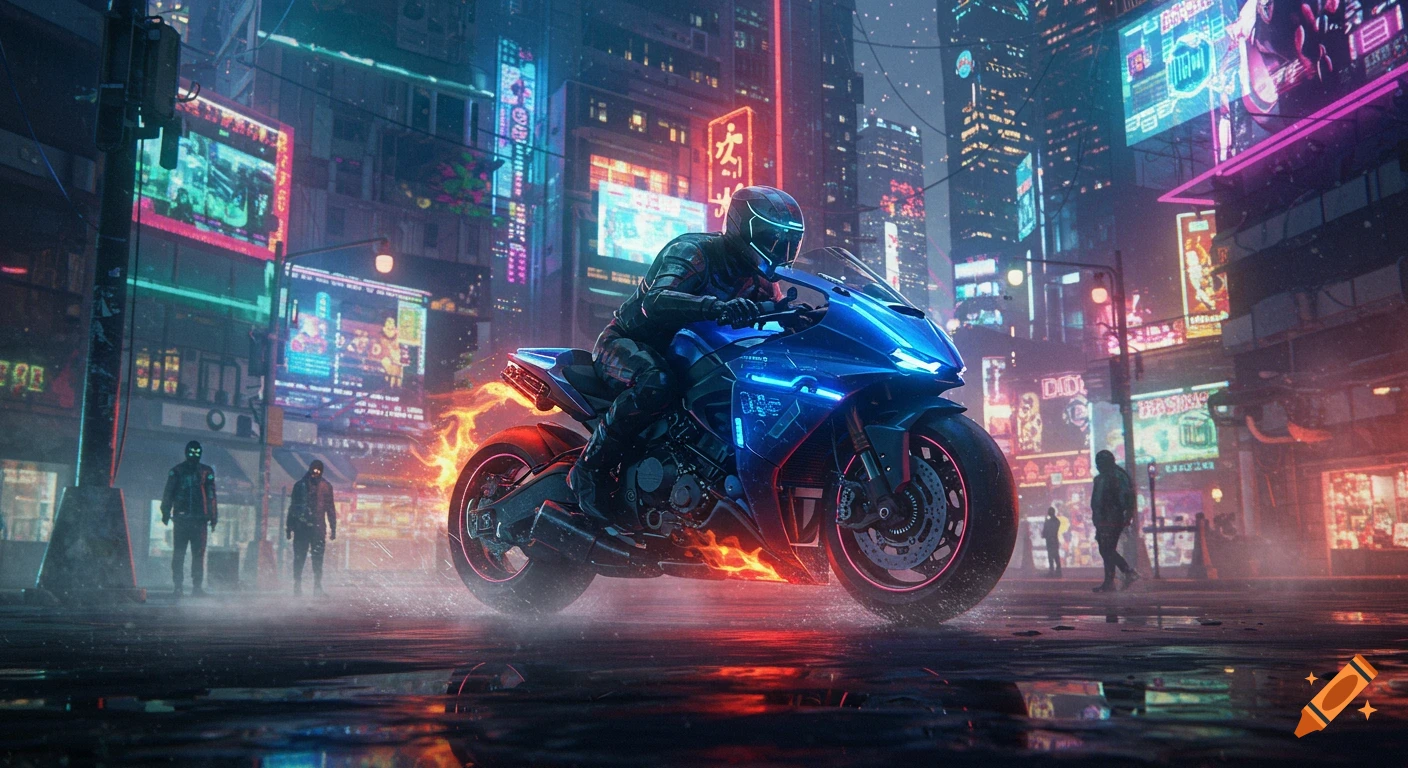 A futuristic rider on a glowing blue motorcycle speeds through a neon cyberpunk city street, reflecting on wet pavement.