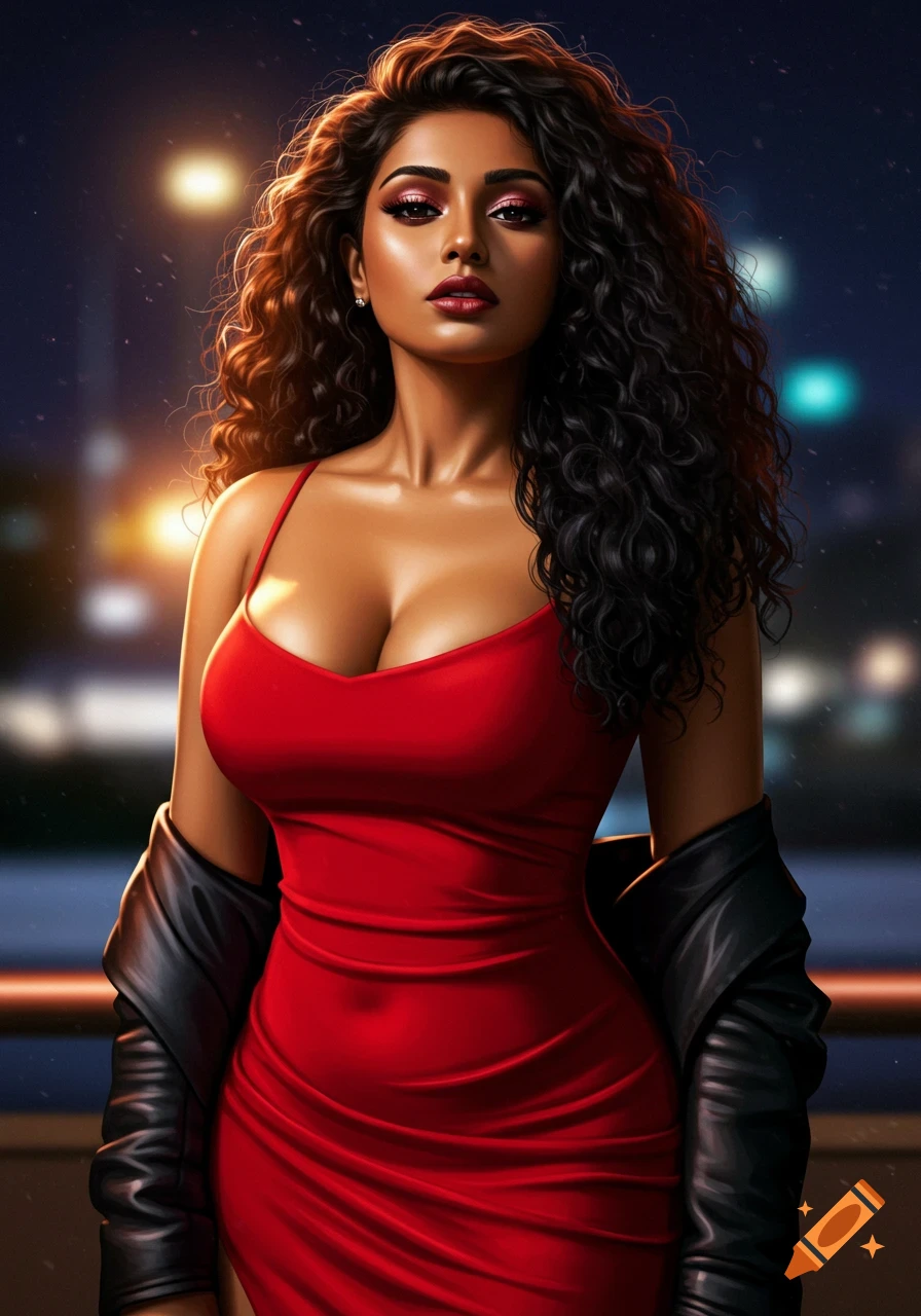 Portrait of a beautiful Indian woman with curly hair, in a red dress and black leather jacket, against a blurred night city background.