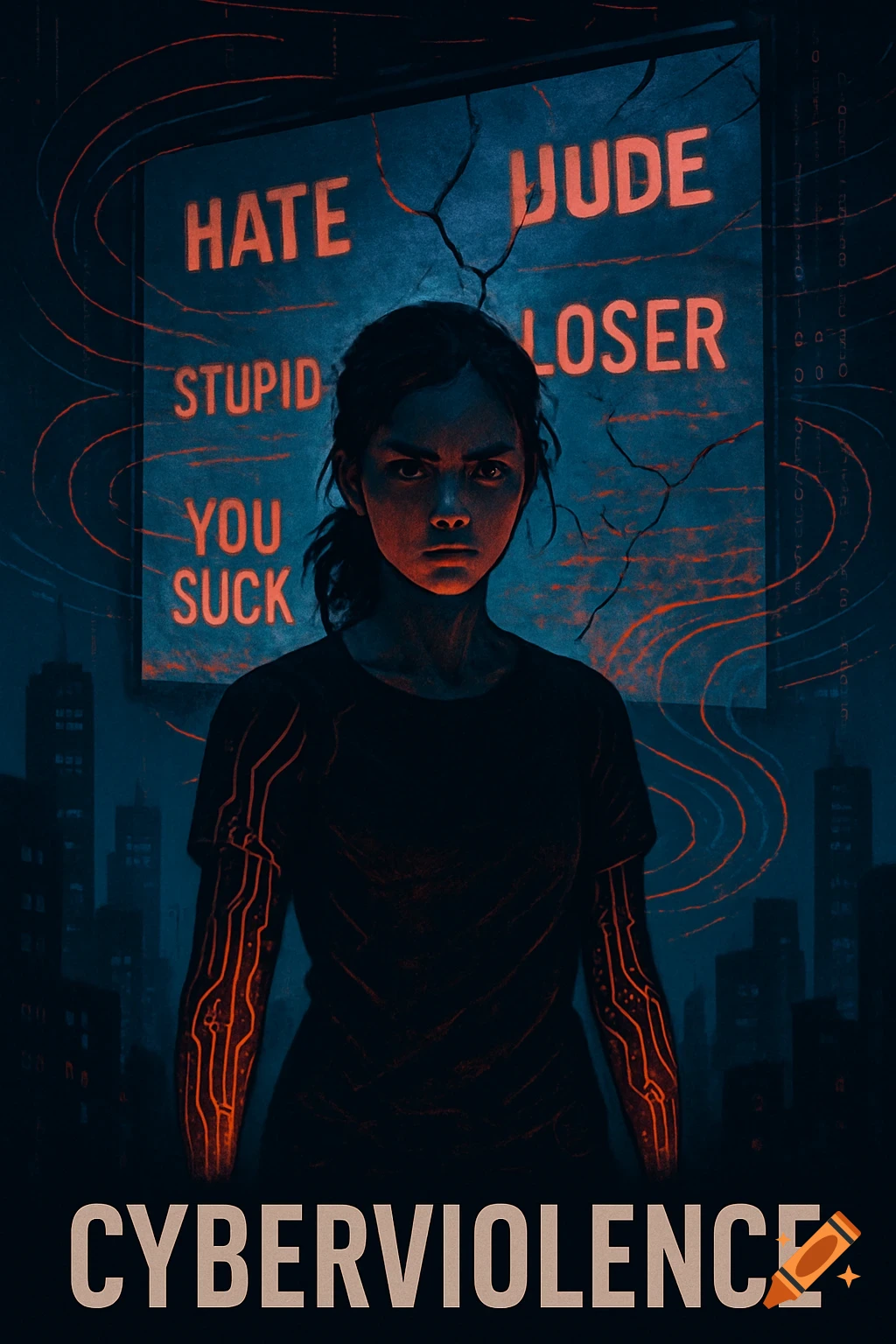 A stylized poster depicts a serious-faced woman against a dark city skyline. Behind her, a cracked screen shows cyberbullying terms like 'HATE' and 'STUPID.' Orange circuit lines glow on her arms and around the screen. Below, 'CYBERVIOLENCE' is written.