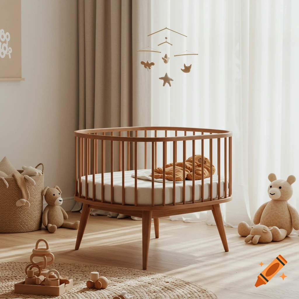A modern wooden baby crib in a sunlit nursery, surrounded by stuffed animals, wooden toys, and a mobile.