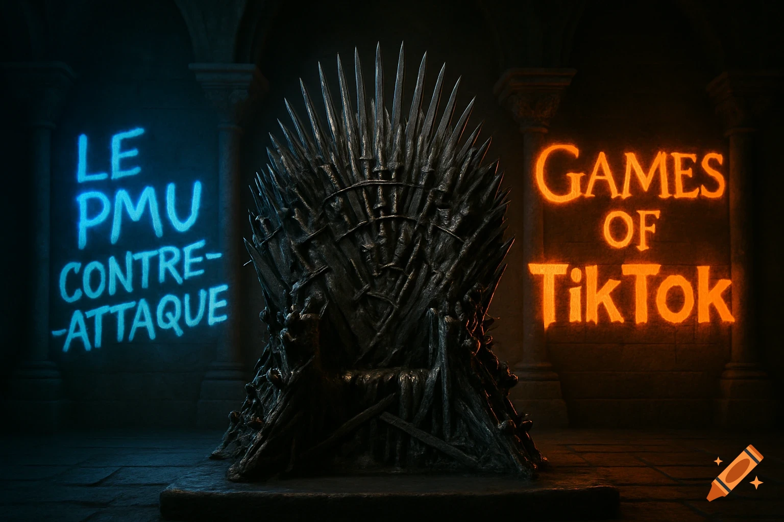 The Iron Throne in a dark hall, with glowing blue 'LE PMU CONTRE--ATTAQUE' and orange 'GAMES OF TikTok' text.
