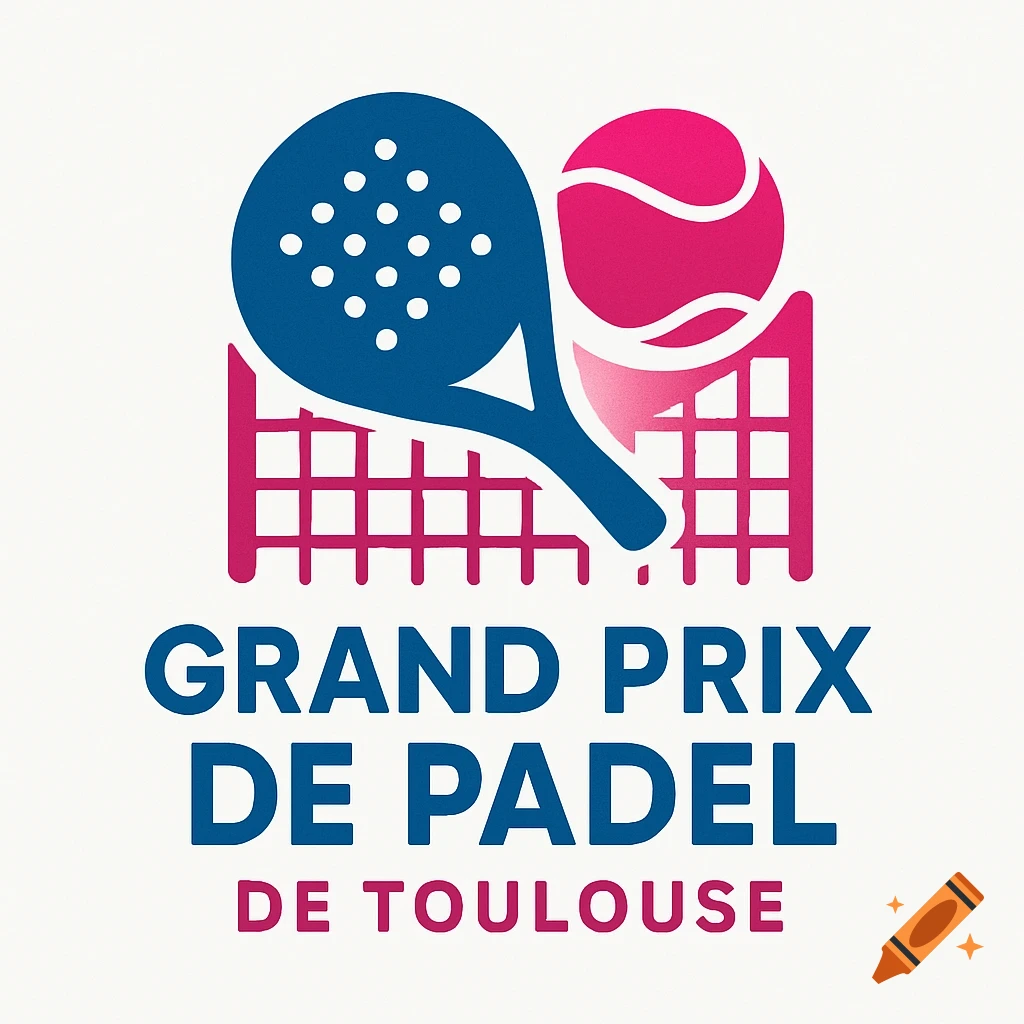 Modern sports logo for Grand Prix de Padel de Toulouse, featuring a blue padel racket, pink tennis ball, and net on a white background.