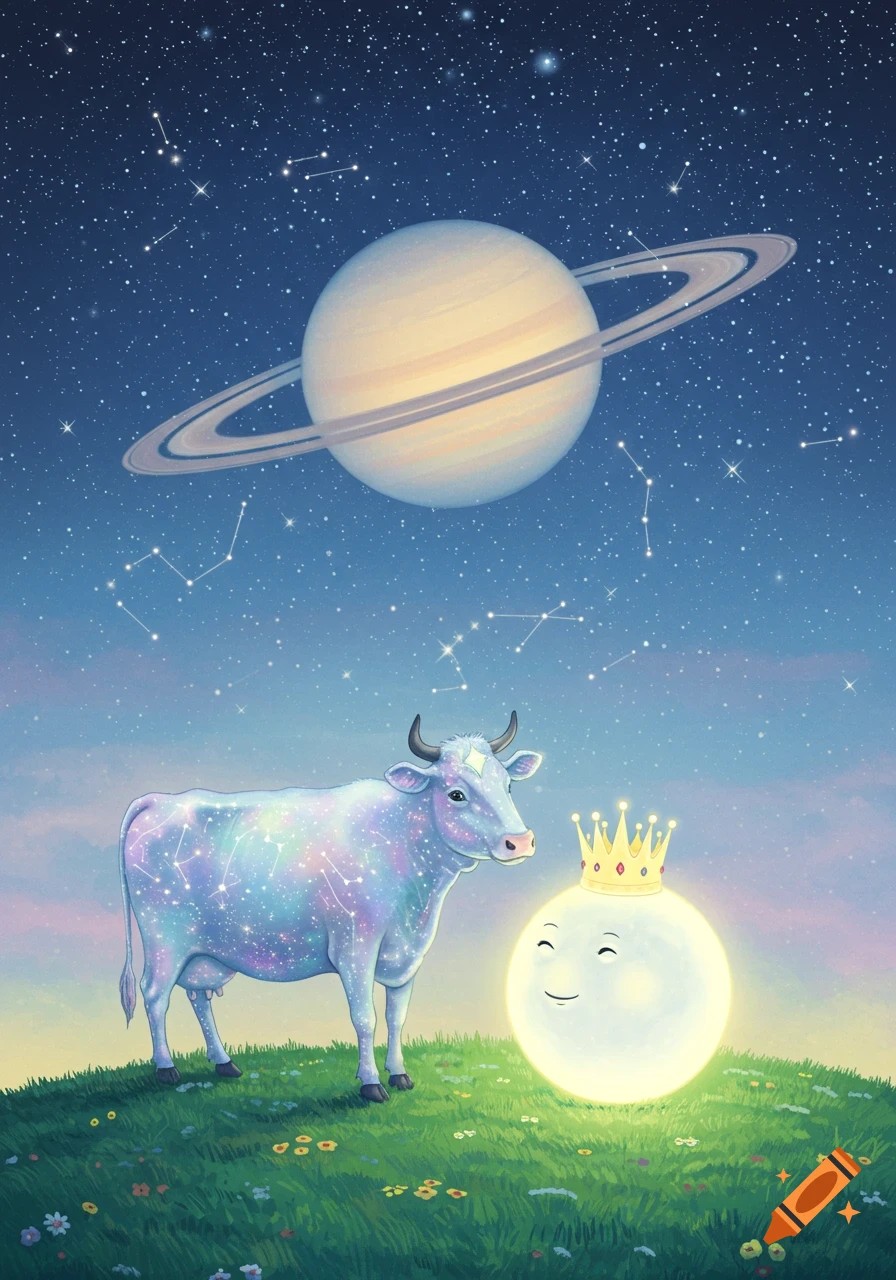 A glittery cow and a smiling, crowned moon on a grassy hill under planet Saturn in a starry night sky, whimsical style.