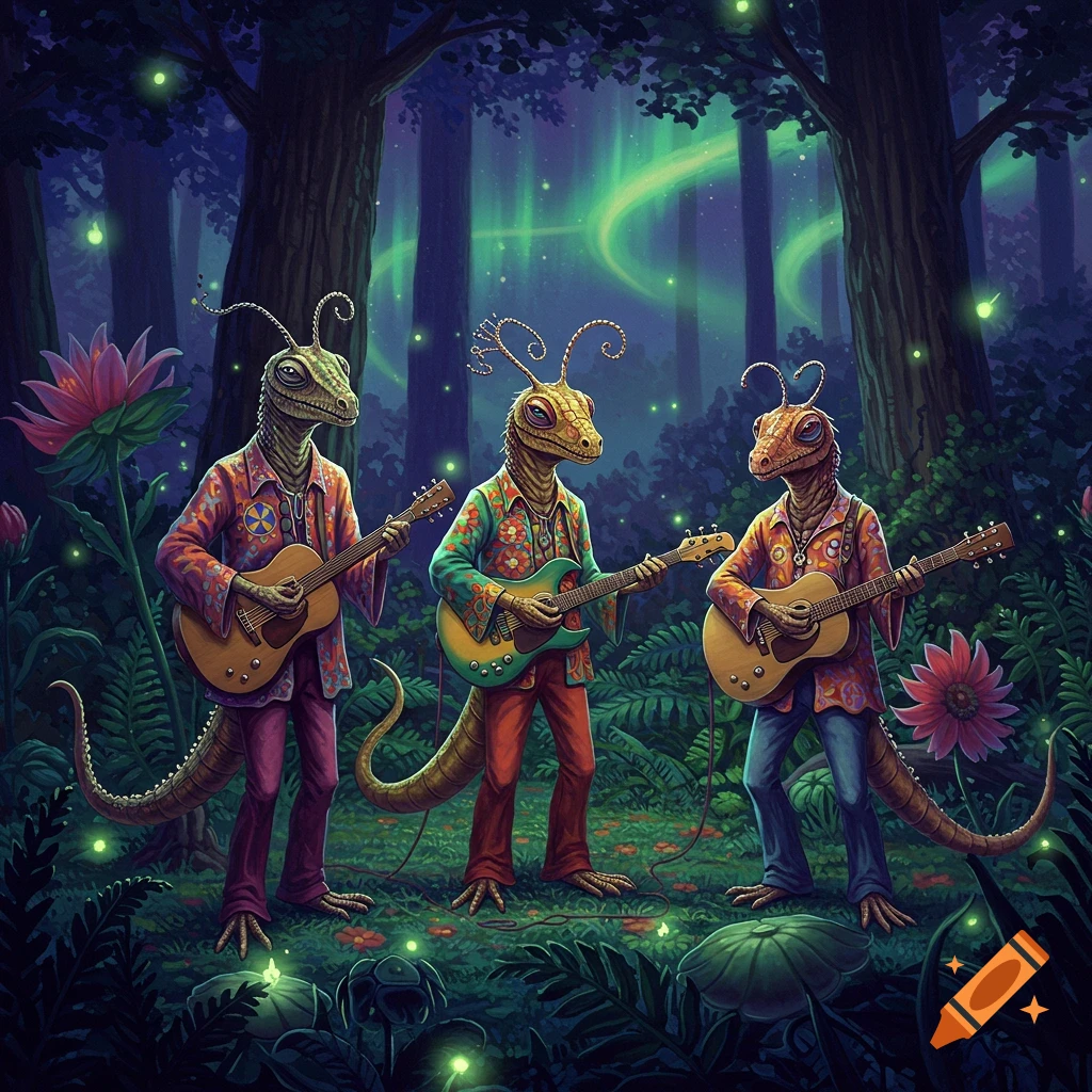 Three alien lizard musicians in sixties attire play guitars in a glowing, psychedelic forest with an aurora.