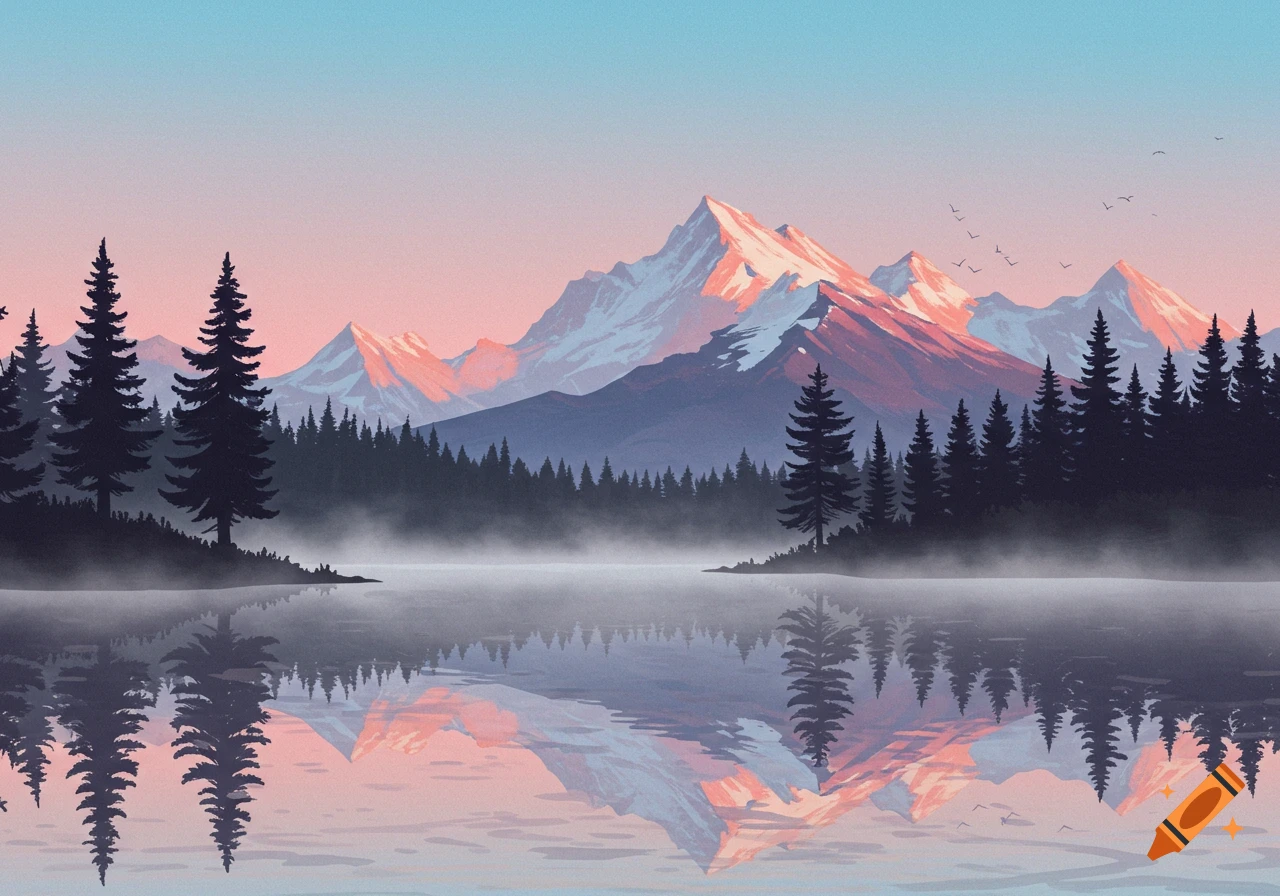 Stylized landscape of snow-capped mountains and a pine forest reflecting in a misty lake at sunrise or sunset.