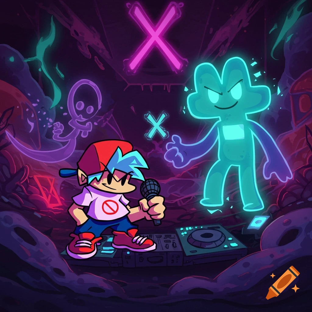 Cartoon Boyfriend from FNF battling a glowing blue Four from BFB in a dark, neon-lit sci-fi cavern with 'X' symbols.