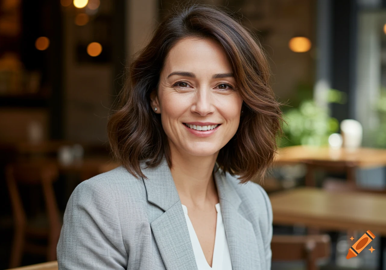 A smiling woman with dark wavy hair in a grey blazer, looking forward in a photorealistic style.