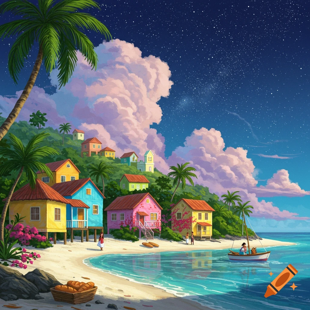 Colorful illustration of a tropical island beach at night, with vibrant houses on a hill, palm trees, a boat, and a starry sky.
