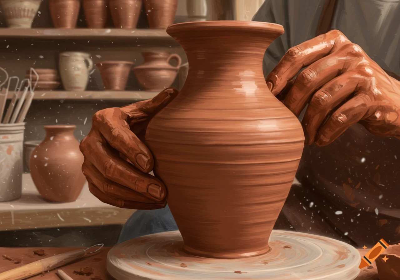 Close-up digital painting of hands shaping a clay pot on a potter's wheel in a workshop.