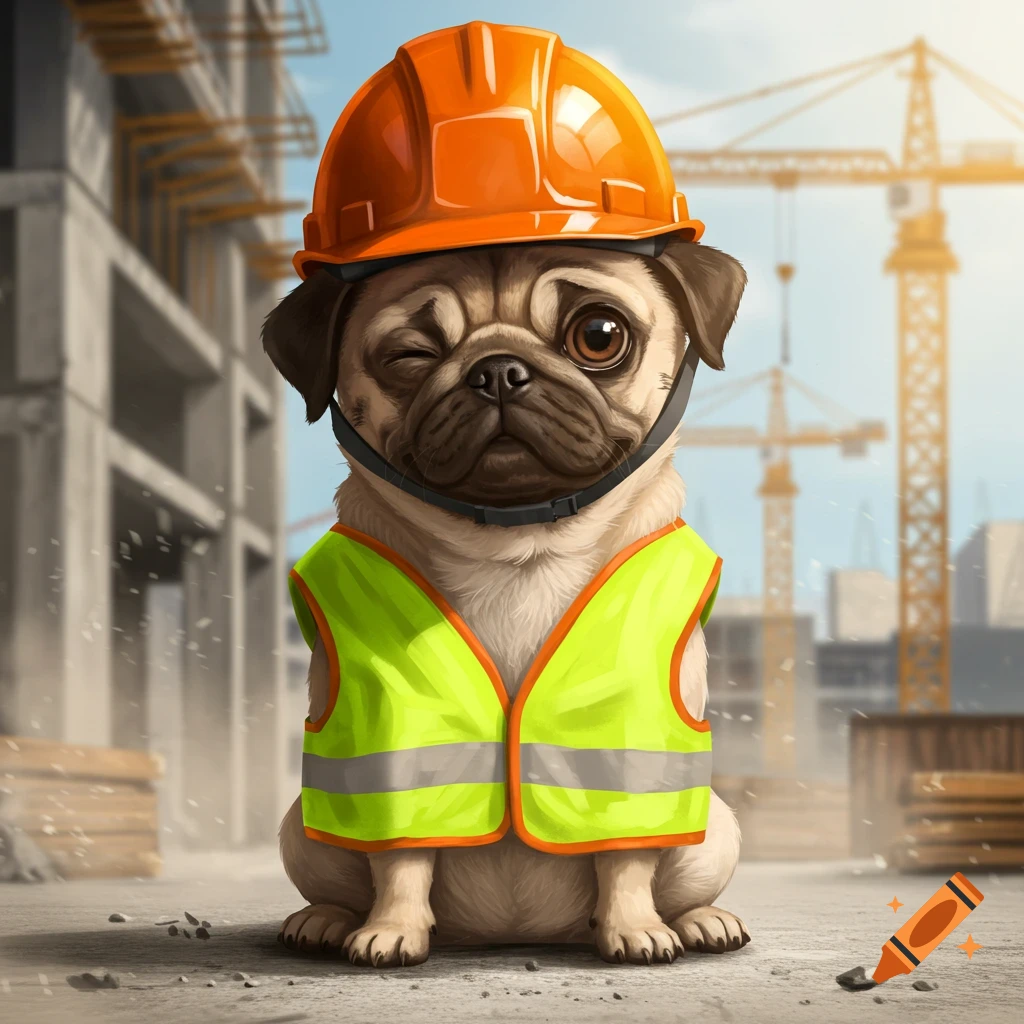 A winking pug dog in an orange hard hat and neon vest sits at a construction site with cranes in the background.