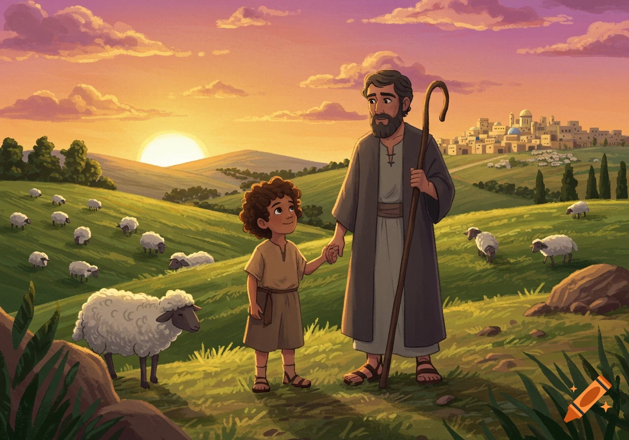 Cartoon of a shepherd and a boy holding hands, walking with sheep in a grassy field at sunset with a village in the background.