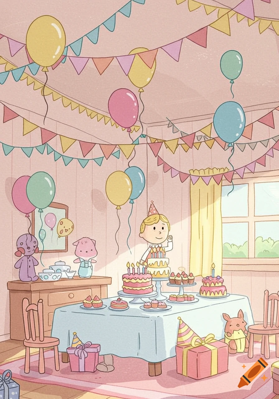A cartoon child in a party hat celebrates a birthday in a room filled with balloons, garlands, cakes, and presents.