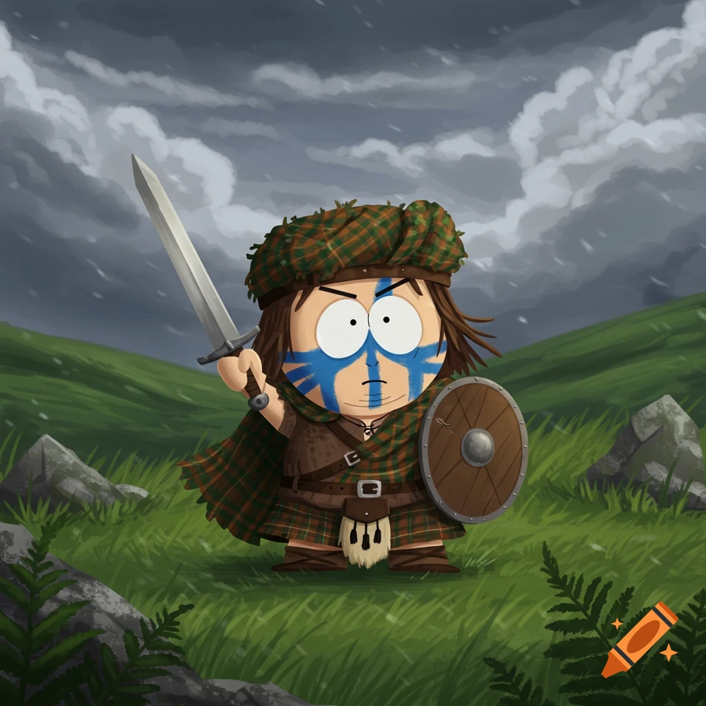 A cartoon South Park character dressed as a Scottish warrior with blue face paint, holding a sword and shield in a grassy, cloudy landscape.
