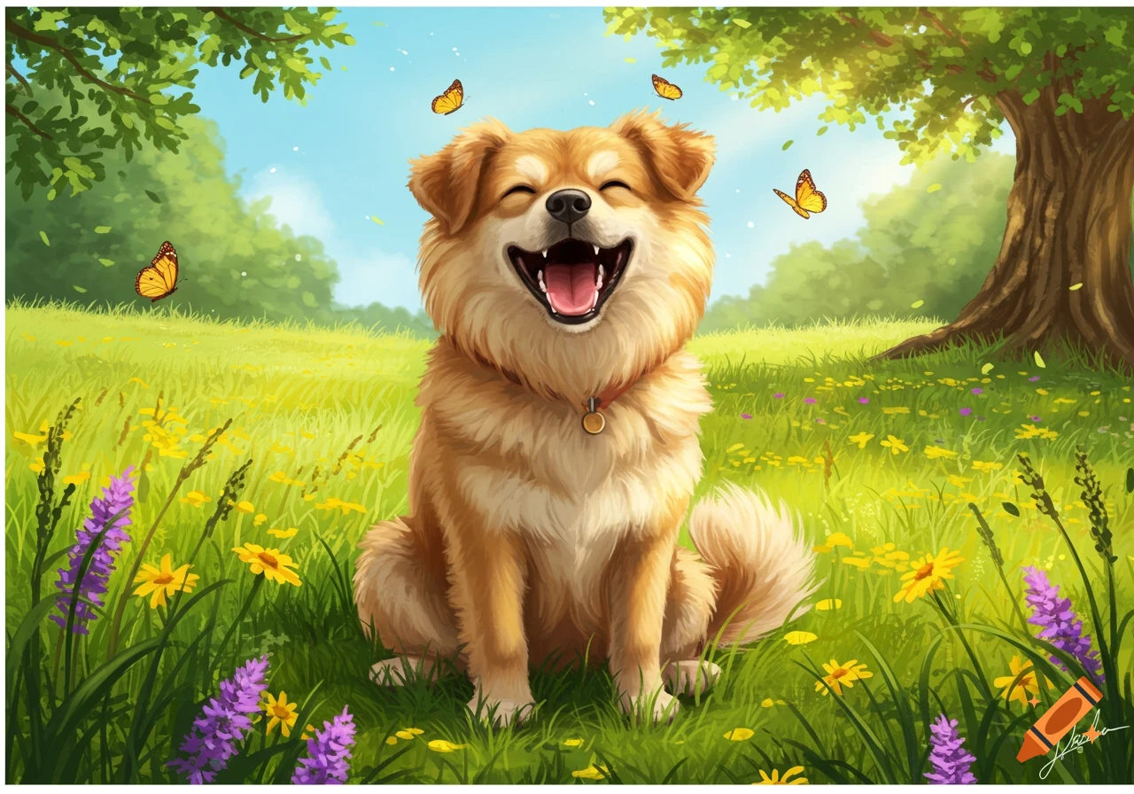 Vibrant illustration of a happy, fluffy dog with its mouth open, laughing joyfully in a sunny field with wildflowers and butterflies.