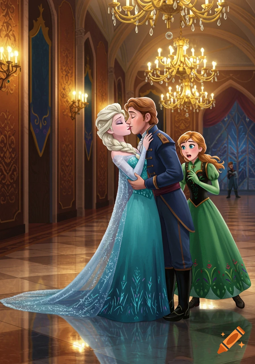 Elsa and Hans kiss in a grand castle ballroom while Anna looks on in shock, in a Disney animated style.