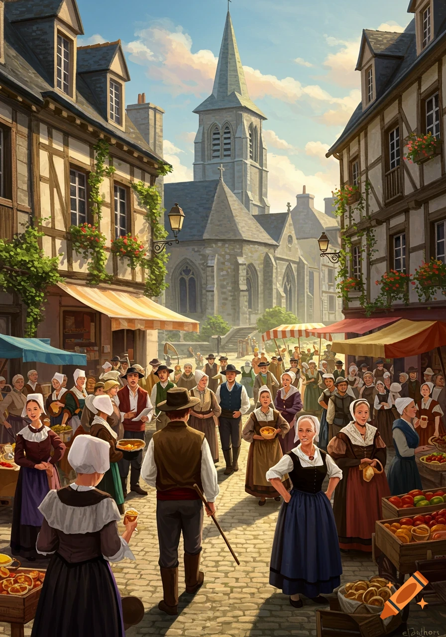 Bustling historical market scene in a European village with people in traditional clothes, timber-frame buildings, and a prominent church.