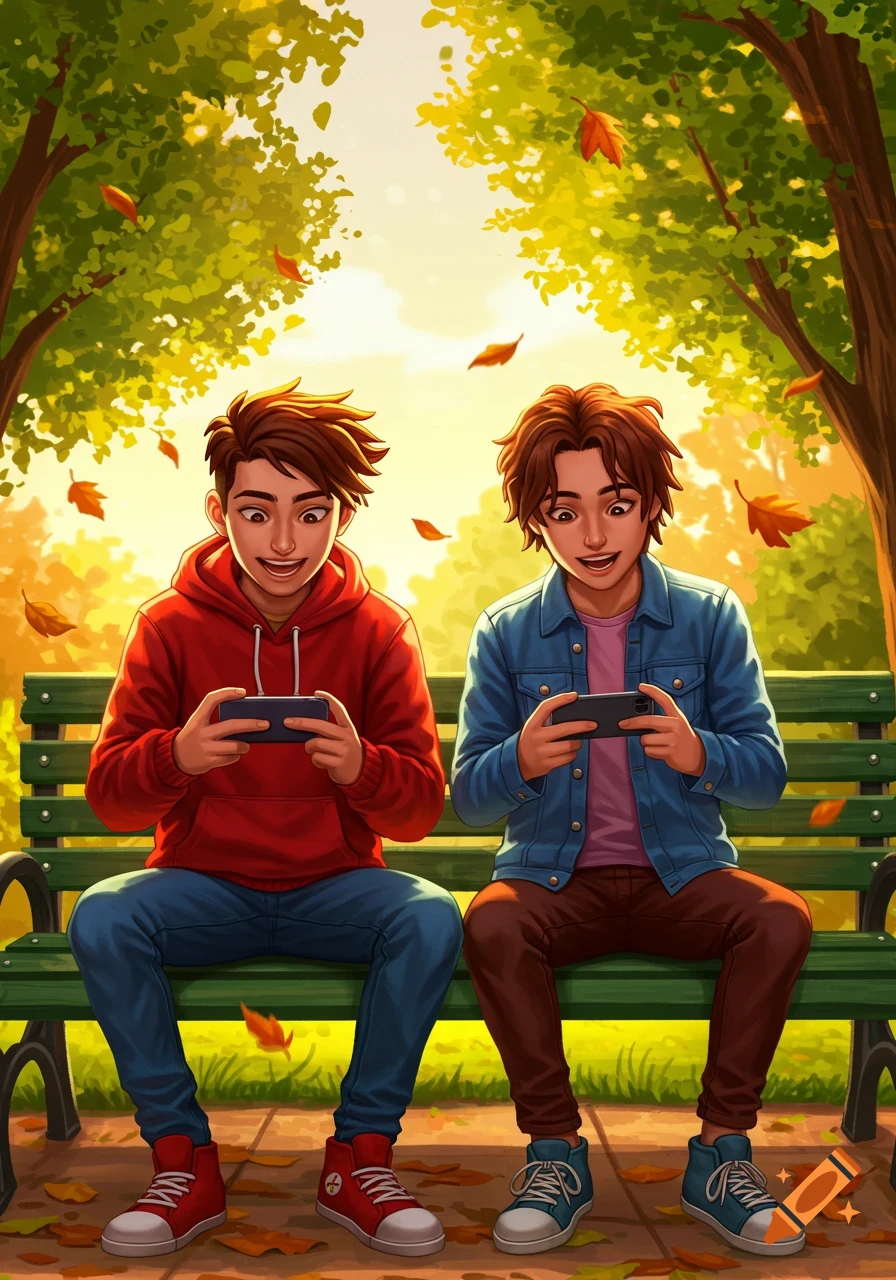 Vibrant illustration of two boys sitting on a park bench, playing games on their phones, with autumn leaves falling.