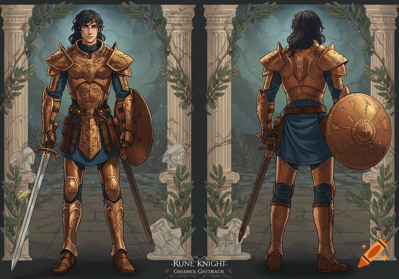 A male rune knight in ornate golden armor, depicted from the front and back, standing in ancient ruins with olive branches.