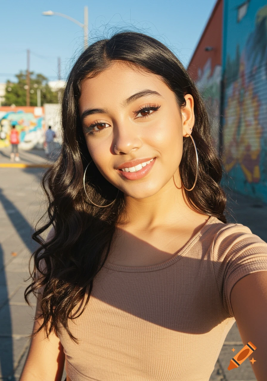 A smiling young Hispanic woman takes a selfie outdoors, wearing a beige crop top and hoop earrings.