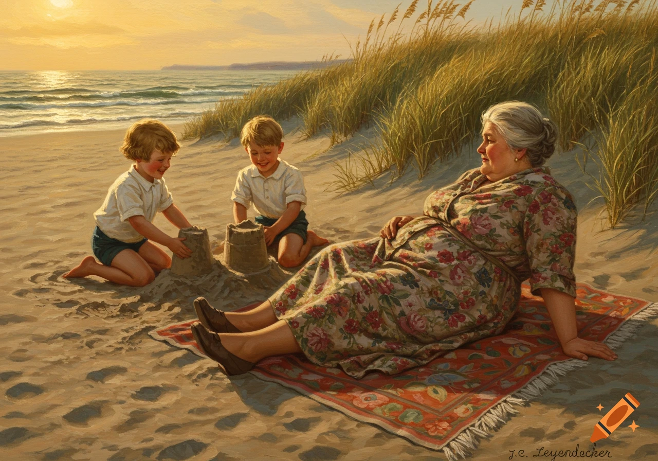 A painting of an old woman relaxing on a blanket at a beach, watching two boys build sandcastles at sunset.
