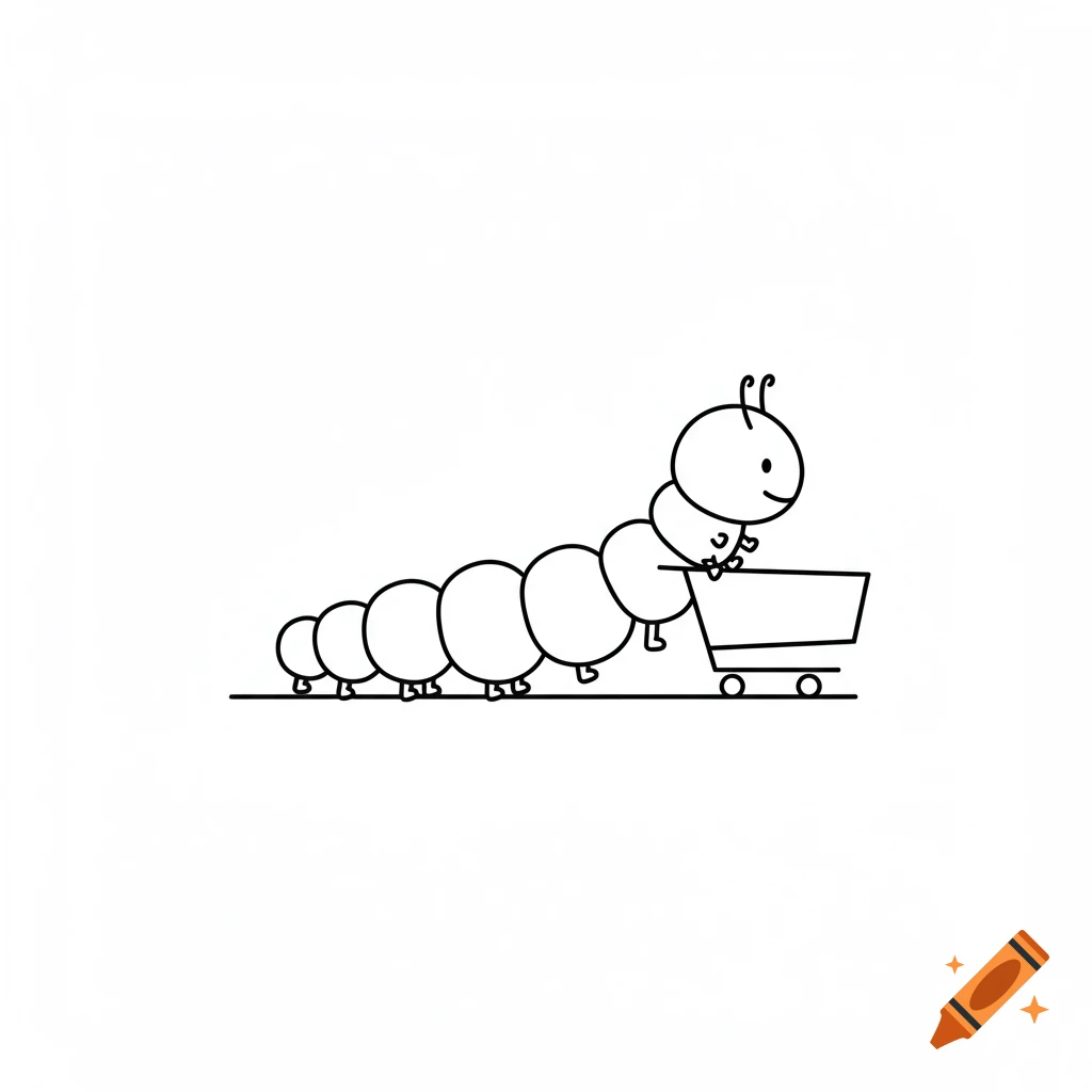 Black outline cartoon of a happy caterpillar pushing a shopping cart on a white background.