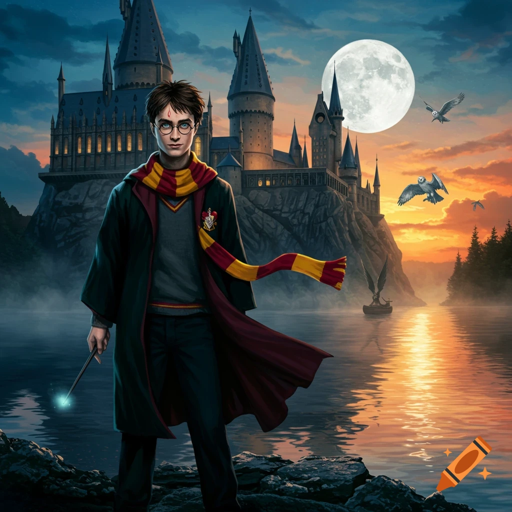 Harry Potter stands by a lake, holding a wand, in front of Hogwarts castle at sunset under a full moon. Illustrated.