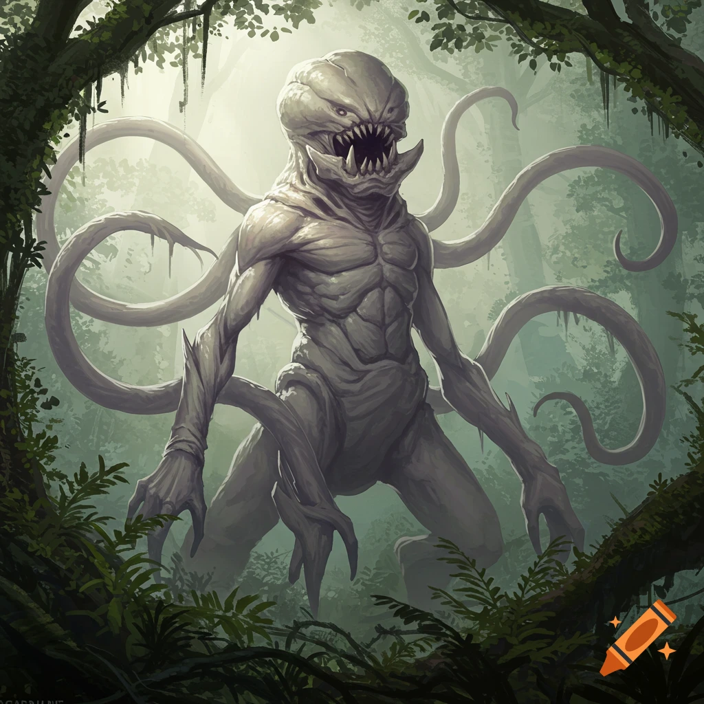 A grotesque, gray monster with a gaping mouth and tendrils stands in a misty jungle, framed by dark foliage.