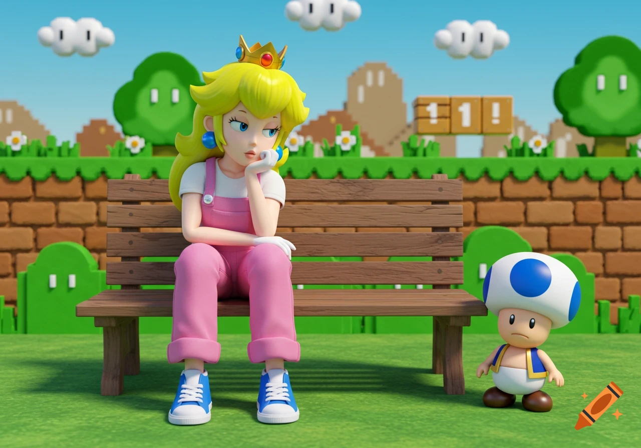 Princess Peach in overalls sits bored on a bench next to a sad Toad in a 3D Super Mario world.