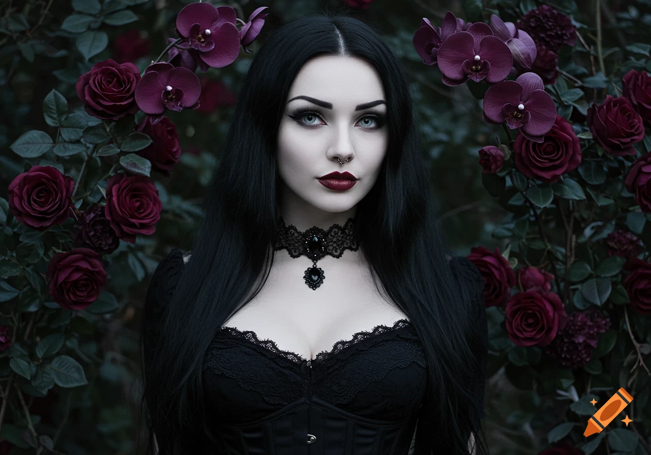 A photorealistic portrait of a gothic woman with long black hair, pale skin, dark makeup, and a black choker, surrounded by dark red roses and purple orchids.