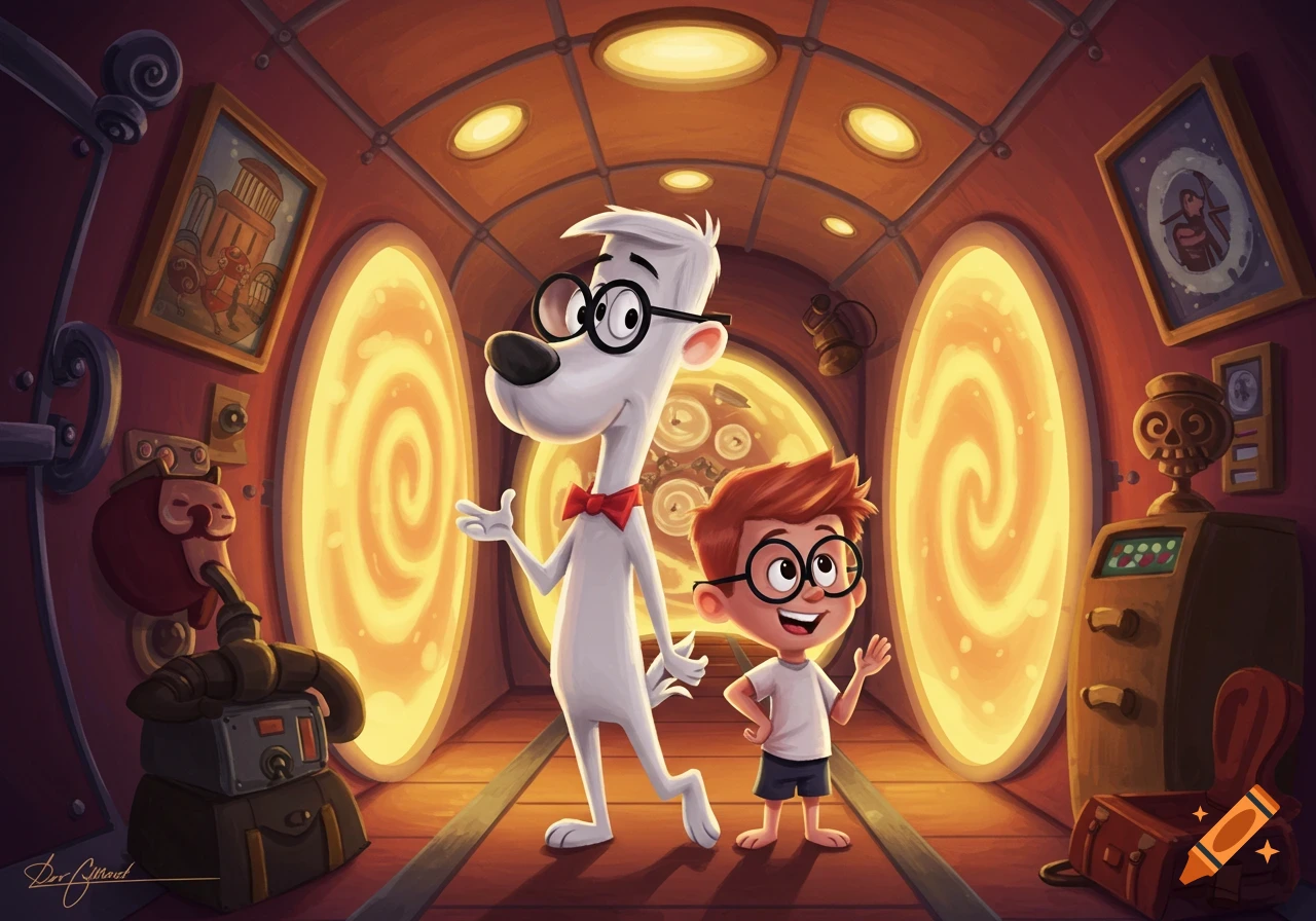 Mr. Peabody, a white dog in glasses and a bowtie, stands with Sherman, a boy in glasses, inside a futuristic tunnel with glowing orange portals.