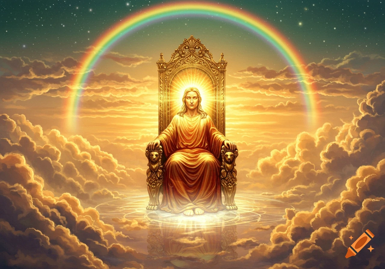 A divine figure, likely God or Jesus, sits on an ornate golden throne amidst glowing clouds in heaven, with a rainbow arching above.