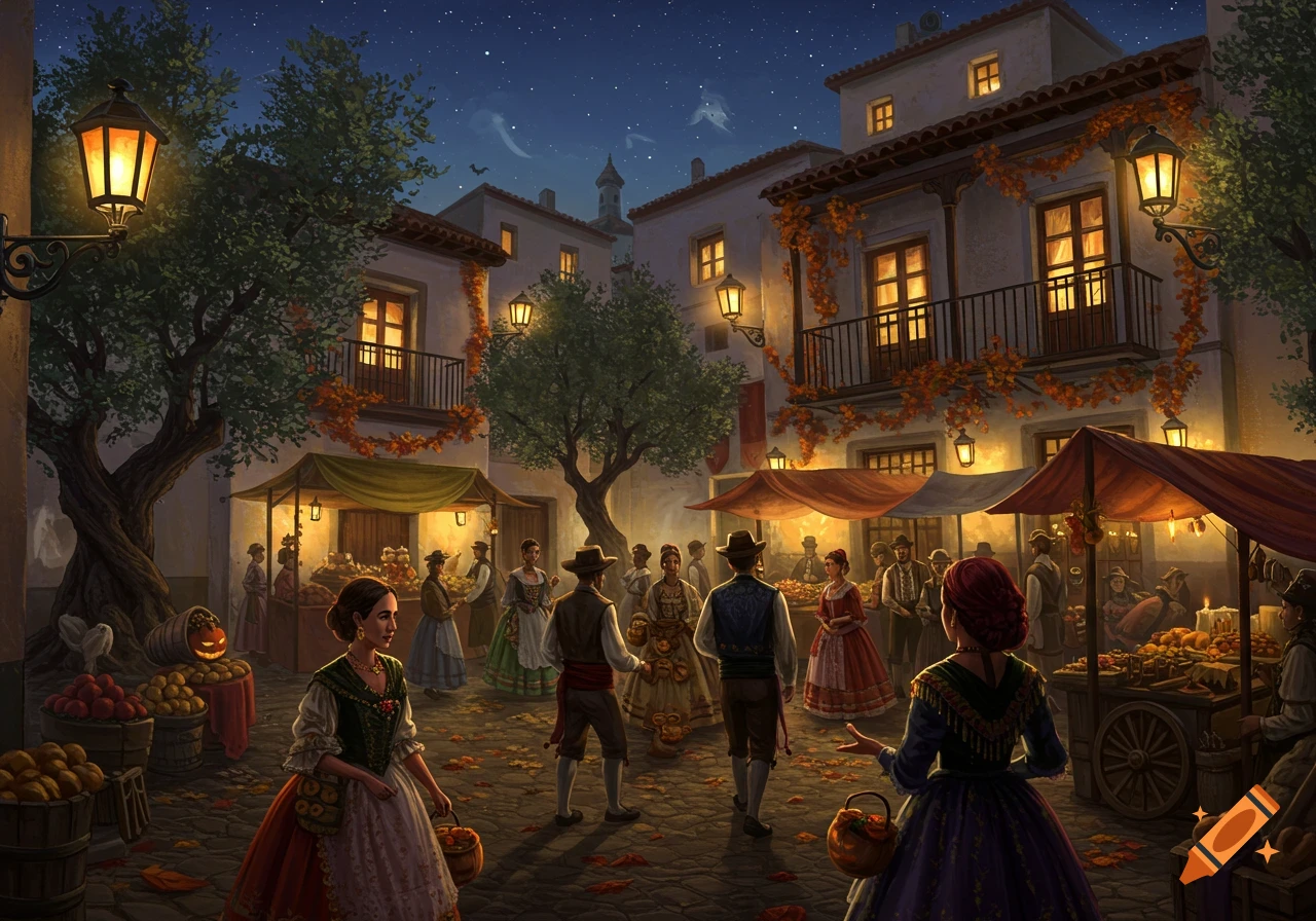 Illustrative night market scene in a Spanish town square with people in traditional attire, lanterns, and a Halloween pumpkin.