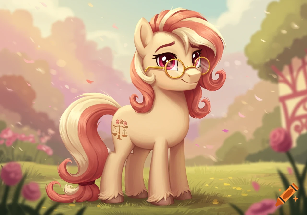 A cartoon pony with strawberry blonde mane, beige coat, golden glasses, and a balance scale and roses cutie mark stands in a flowery garden.